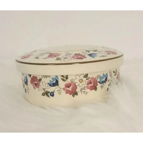 Vtg Hankook Powder Jar Trinket Jewelry Box Lid Multi Color Floral Flowers Korea - Picture 3 of 12